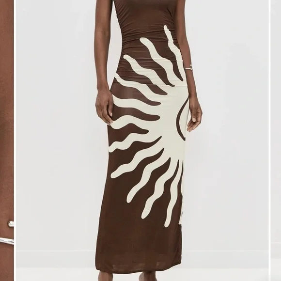 Revolve Cala de la Cruz Daphne Strapless Sunburst Mocca Maxi SideRuched Dress XS - Picture 5 of 8